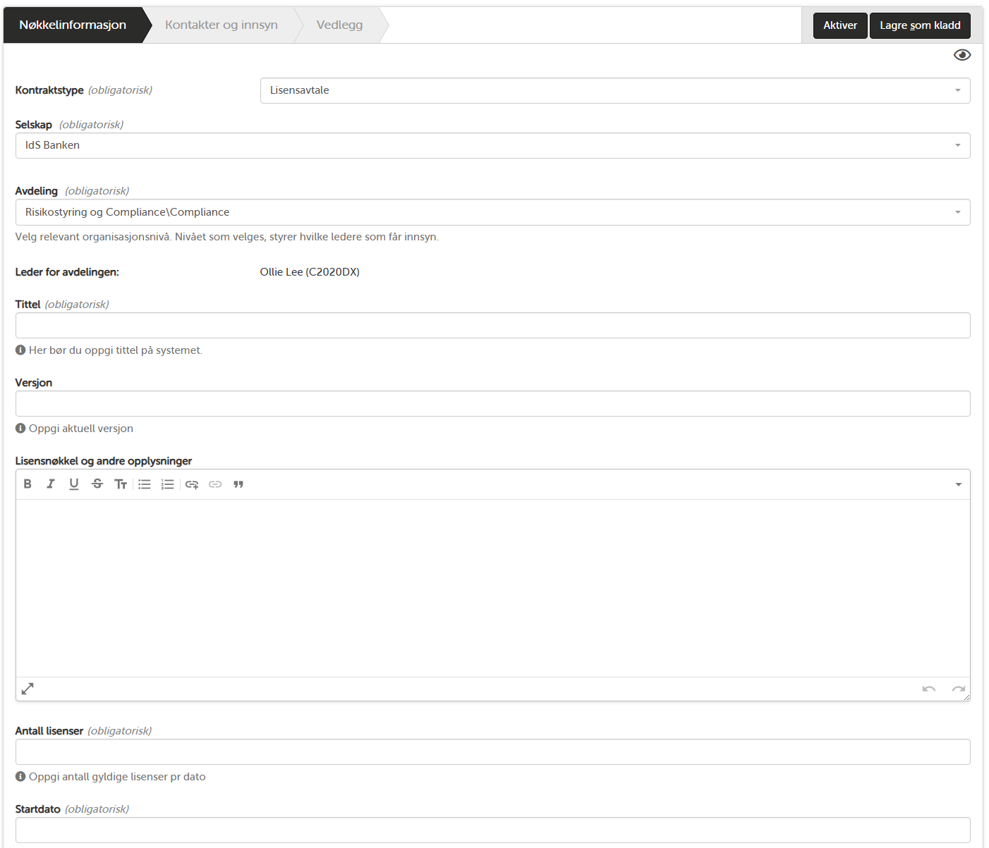 Opprettelse av ny kontrakt - steg 2