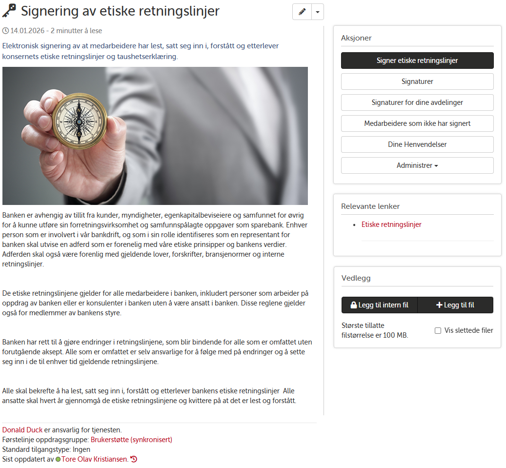 Landingsside for signering av etiske retningslinjer