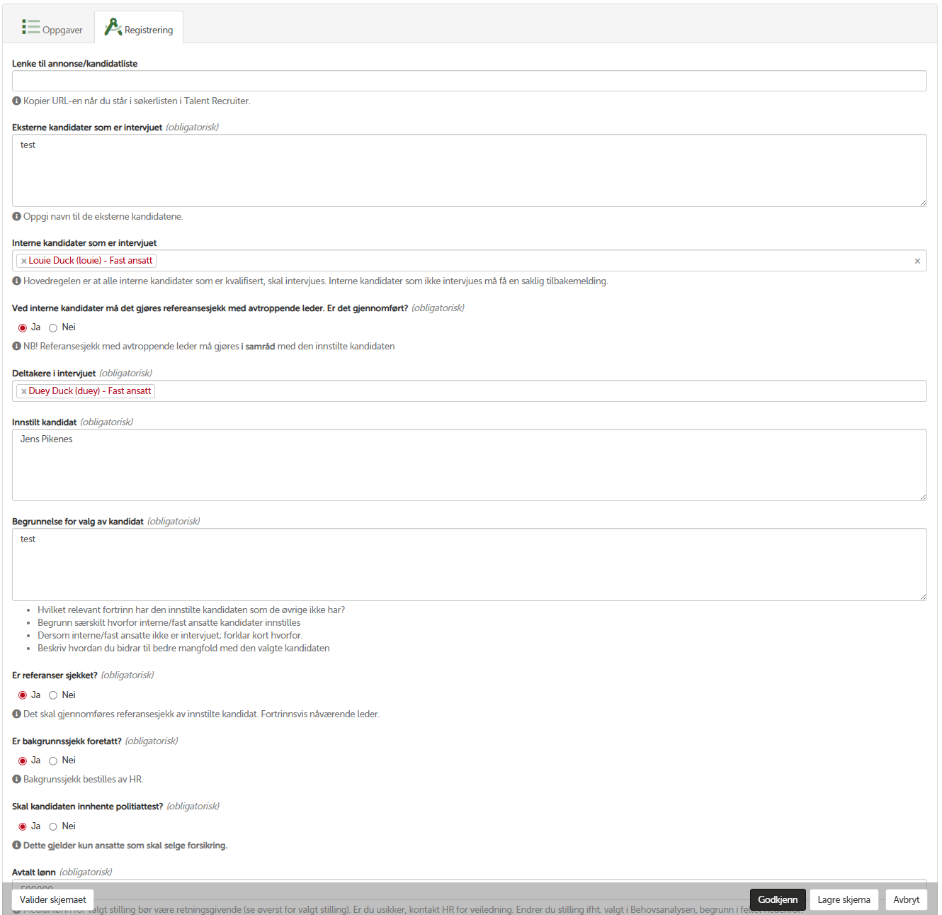 Registrering av innstilling ved rekruttering