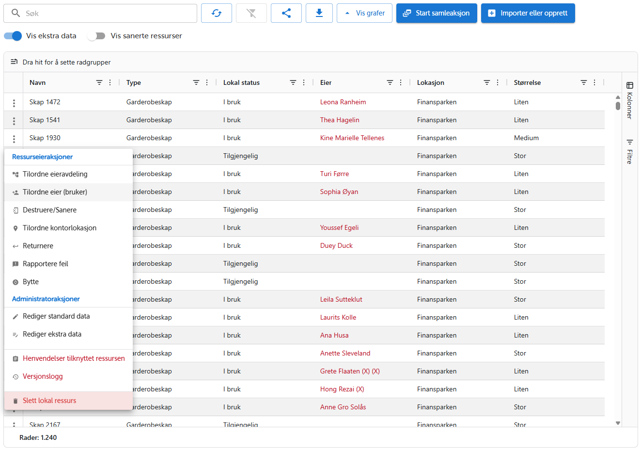 IdS AssetManager - ressursliste med aksjonsmeny