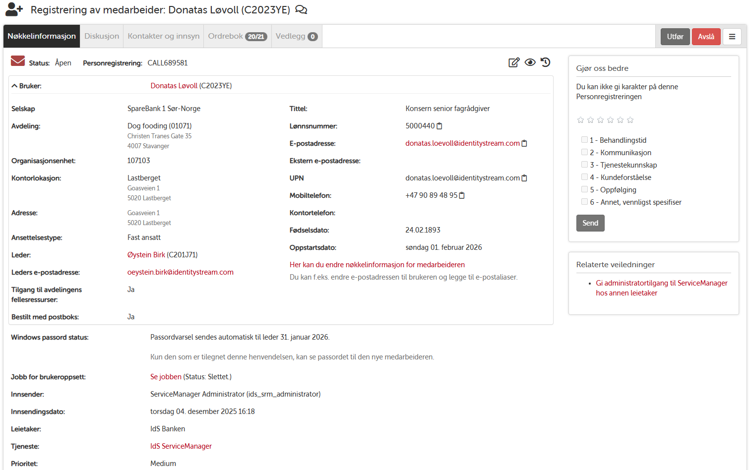 Sak for registrering av medarbeider - nøkkelinformasjon