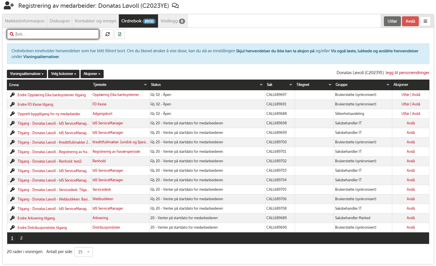 Sak for registrering av medarbeider - ordrebok