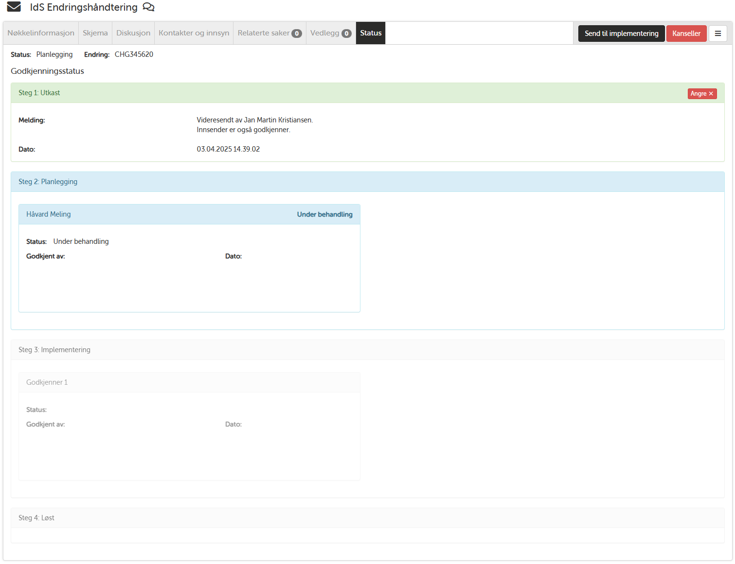 Detaljert visning av en endringssak med full historikk