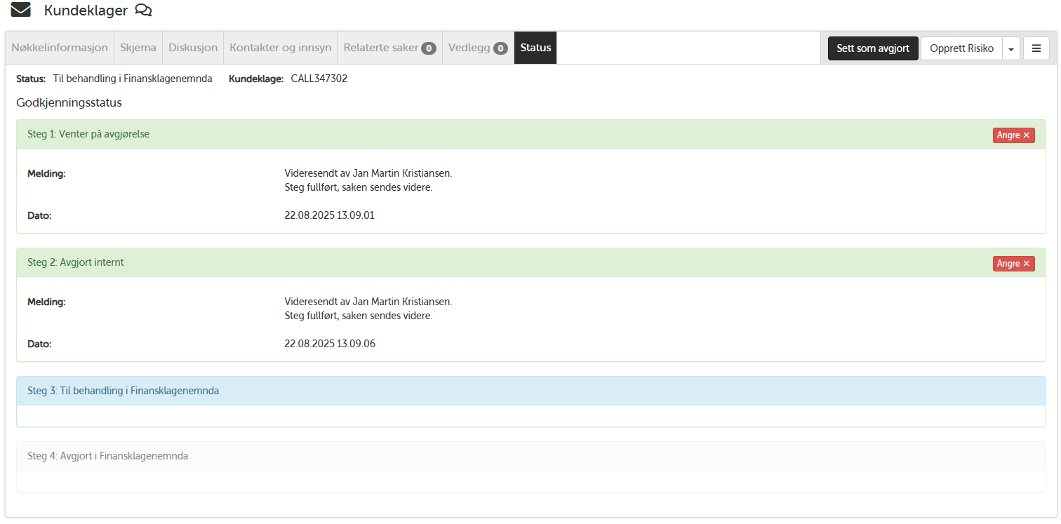 Status- og godkjenningsløp for kundeklage