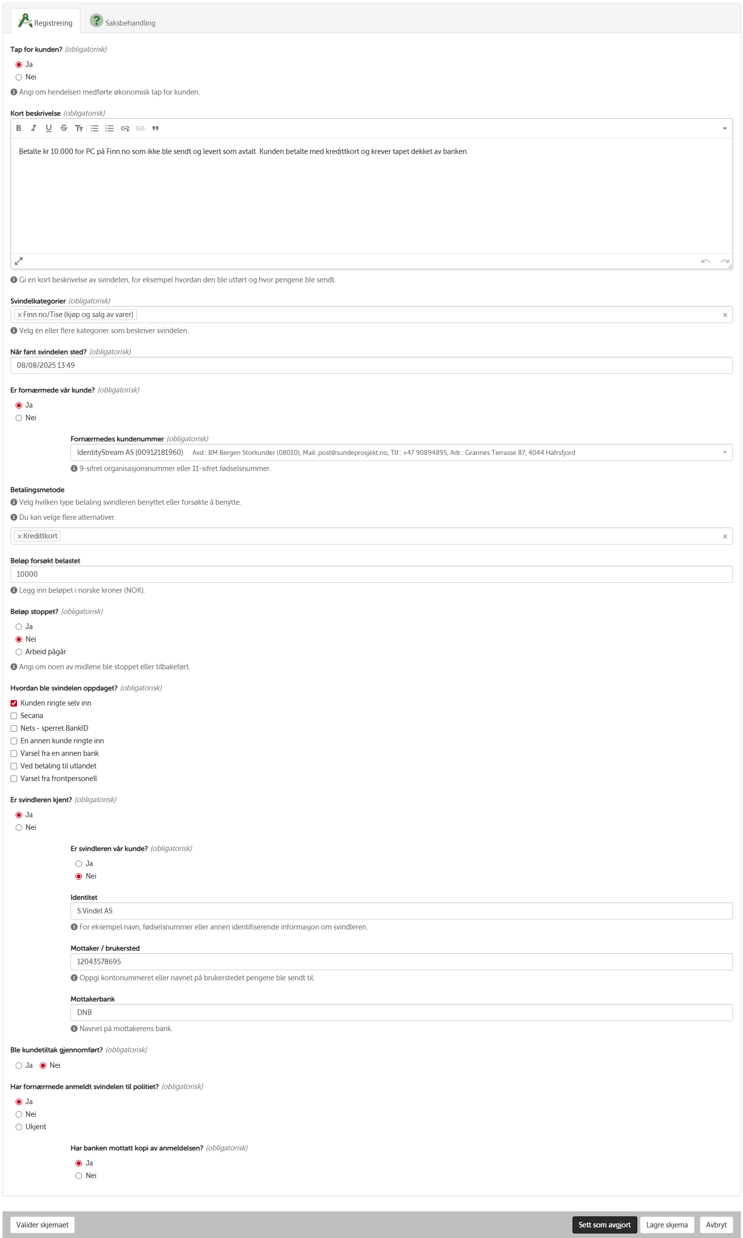 Registreringsskjema for kundesvindel